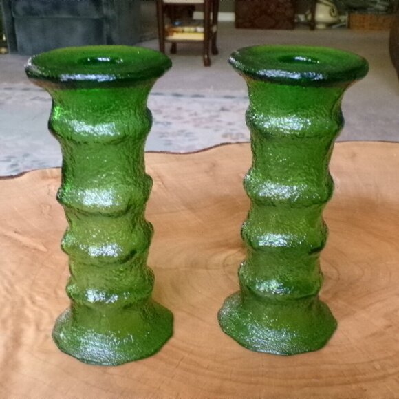 Rare E.O. Brody Emerald Crinkle Glass Vases  Dual-Use Candleholders  USA Made - Picture 4 of 7